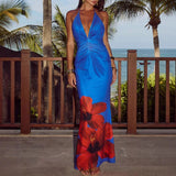 Purpdrank  Elegant V-neck Sleeveless Beach Dress Women Fashion Pattern Print Waist Wrap Hip Dress Sexy Backless Hollow Out Long Party Dress