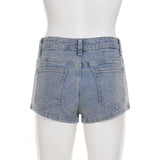 Purpdrank  Rhinestone Embellished High-Waist Denim Shorts Vintage Light Blue Slim Stretchy Hot Pants for Women Y2K Street Clubwear
