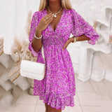Purpdrank  Dresses Women V Neck Low Cut Boho Print Dress Ruffled Half Sleeve Dresses Summer New Fashion Chic Elegant Dress