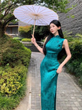 Purpdrank  Vintage Peacock Blue Green Sleeveless Dress Qipao New Chinese Style Printed Long Elegant Floral Print Cheongsam Slim Morden