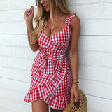 Purpdrank  Plaid Lace Up Bodycon Dress Women Ruffles Summer Dress Off Shoulder V Neck Backless Irregular Bow Tie Dresses