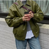 Purpdrank  Fashion Green Leather PU Jacket Women Loose Laple Zipper Long Sleeve Single Breasted Pocket Coat 2025 Autumn New Lady Streetwear