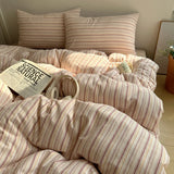 Purpdrank  Aimple Stripe Bedding Set With Pillowcase Bed Sheet Single Full Size Bed Washed Cotton Duvet Cover Set King Double Single Bed
