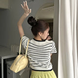Purpdrank  Vintage Striped Women's Knitted T-shirts 2025 New Summer Casual Loose O-neck Hollow Out Knitwear Short Shirts Top Female