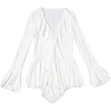Purpdrank  Lace Trim Ruffled Long Sleeve Dresses Women' S Clothes Autumn 2025 V Neck Flare Sleeve Irregular Mini Dress