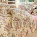 Purpdrank  Flower Skin-friendly Washed Cotton Bedding Set Duvet Cover Set Korean Lace Ruffles Quilt Cover Soft Cover Bed Linen Pillowcases