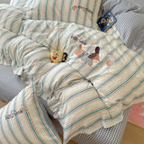 Purpdrank  Cute Cartoon Embroidery Stripe Bedding Set Washed Cotton Soft Four Piece Sets Pillowcase Duvet Cover Set 200x230cm Home Textiles