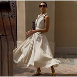 Purpdrank  Cotton Linen Contrast Dress Women Lapel Single Breasted Sleeveless Vestidos Female 2025 Spring Summer Chic High Waist Dresses