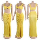 Purpdrank  Yellow Sexy Ruched Two Piece Women Strapless Cropped Top And Pleated Split Long Skirt Matching Sets 2025 Fashion Summer Outfits