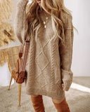 Purpdrank  Casual Loose Fit Cable Knit Pullover Mini Dress Round Neck Long Sleeve Sweater Dress Winter