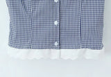 Purpdrank  Sexy Blue Plaid Lapel V neck Short Puff Sleeve Shirt Tank Top + Women Bow Zipper Waist A-line Pleated Mini Skirt 2 Pieces 1 Set