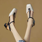 Purpdrank  Summer Women Shoes Genuine Leather Shoes for Women Square Toe Chunky Heel Women Sandals Retro Cover Toe Ankle Strap Shoes