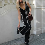 Purpdrank  Casual Loose Splicing Outfits Tracksuit Fashion Two Piece Set for Women Elegant Sleeveless V Neck Vest Top Wide Leg Pants Set