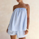 Purpdrank   Summer Striped Printed Backless Suit Casual Loose Vacation Woman Outfits Sexy Strapless Hollowed Out Top + Shorts Two Piece Set