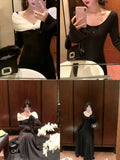 Purpdrank  Winter French Vintaeg Elegant Knit Dress Woman Sexy Lace Design Warm Evening Party Dress Feamale Princess Korean Popular Clothes