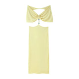 Purpdrank  Summer Women Sexy Hollow Out Butter Yellow Long Dress V-neck Backless Beaded decoration Vestidos Female Vacation Robes