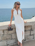 Purpdrank  Summer Sleeveless Single Breasted Dress Fashionable Ladies Slim Fit Collar Solid Color Long Dresses Women's Clothing