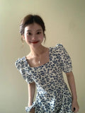 Purpdrank  French Print Dress Women's Summer Waist Square Neck Dress