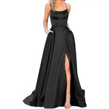 Purpdrank  women's Satin Prom Dresses Spaghetti Straps Backless Long Dress with High Slit Mermaid Formal Party Gown with Pocket Vestido