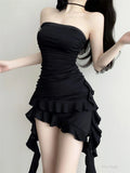 Summer Black Korean Fashion Sexy Dress Women Backless Designer Party Dress Female Ruffle Flounce Casual Vintage Dress New