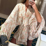 Purpdrank  Women's Printed Loose and Fashionable Casual Dress with Bubble Sleeves and Lace Up High-end A-line Skirt