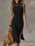 Purpdrank  Fashion Basic Slim Midi Dresses Women's Sexy O-Neck Side Split Sleeveless Solid color Bodycon Robe Commute Vacation