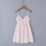 Purpdrank  Sexy Pink Spliced Embroidery Lace Deep V neck Mini Sling Dress Women Adjust Bow Ribbon Back Backless Party Robe Holiday