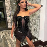 Purpdrank  Sexy Leather Mesh Patchwork Sequin Dress Women Night Party Birthday Tube Strapless Backless sheer Clubwear Short Dresses Vestido