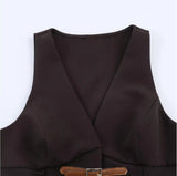 Purpdrank  Vintage Deep Brown Buckle Buttons V neck Waistcoat Women OL Vest Jacket Outfits Casual Vacation Loose Tops