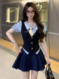 Purpdrank  Korean Sweet Preppy Style Women 3 Piece Set Puff Sleeves Blouse + Slim Vest + Mini Skirt Fashion Female Y2k Vintage Outfits 2025