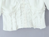 Purpdrank  Sweet White Embroidery Hollow Out Hole Splice Lace Elastic U Collar Short Sleeve Shirt Women Center Buttons Slim Crop Tops