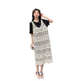Purpdrank  Fashionable Hollow out Knitted Strap Dress V-Neck Sleeveless Midi A- Line Skirt Vintage Style Cotton Geometric Pattern Dress