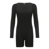 Purpdrank  Women's Casual Jumpsuit Solid Color Long Sleeve Bodysuit Square Neck Slim Stretch Romper with Shorts Trendy Y2K Outfits