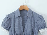 Purpdrank  Sexy Blue Plaid Lapel V neck Short Puff Sleeve Shirt Tank Top + Women Bow Zipper Waist A-line Pleated Mini Skirt 2 Pieces 1 Set