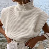 Purpdrank  Turtleneck Sleeveless Vest Sweater Women With Shoulder Pads Knitted Pullover Autumn Winter Jumper Casual Tops Fashion