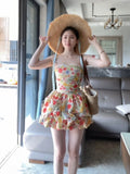Purpdrank  Summer Floral Print Halter Dress Women's Beach Vacation Pure Desire Waist-Cinching Puffy Short Skirt Sexy Girl Style Midi Dress