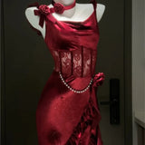 Vintage Elegant Red Strap Slim-fit Fish Tail Dress with Hip Wrap