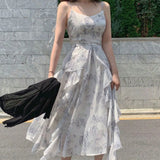 Purpdrank  Women Floral Spaghetti Strap Dress Elastic Ruched Sexy Hollow Backless Party Dress Summer Boho Vacation Beach Sundress
