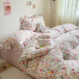 Purpdrank  Cute Floral Duvet Cover Set Ins Korean Style with Flat Sheet Pillowcase No filler Washed Cotton Queen Full Twin Home Bed Linen