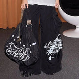 Purpdrank  Double Sided Canvas Bag Women Letter Print Single Shoulder Tote Black Interior Design Millennium Style Commuting Bag