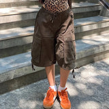 Purpdrank  Vintage Elastic Waist Baggy Cargo Denim Pants Harajuku Drawstring Jean Shorts Womens Cyber Grunge Stretch Jorts with Pockets