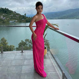 Purpdrank  summer new solid color sleeveless one-shoulder water ripple long slim-fitting women's dress