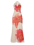 Purpdrank  Summer Fashion Sheer Mesh Floral Print Long Dress Women Sexy Halter Swinging Collar Sleeveless Backless Holiday Maxi Dress