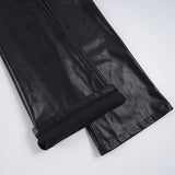 Purpdrank  Basic Solid Pu Leather Flare Pants Casual Slim Folds Low-Waisted Wide Leg Pants Women Autumn Spring Streetwear Office Lady