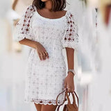 Purpdrank  Elegant Women's Lace round Neck Dress White Mid-Length Skirt Style Fashionable Casual Elegant Women's Mid-Length Skirt Dress