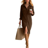 Purpdrank  Women's Corduroy Maxi Dress Lapel Collar Button Down Long Sleeve Casual Shirt Dress With Pockets Loose Side Slit Office Dresses