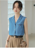 Purpdrank  Blue Denim Suit Collar Vest For Women'S Summer Lightweight Cotton Retro Versatile Commuting Sleeveless Shirt