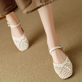 Purpdrank  High-quality square-toed bow high-heeled sandals, 2025 summer new hollowed-out fashionable woven casual mid-heeled women's shoes