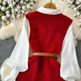 Purpdrank  Autumn Vintage Beaded Design Slit Knitted Vest Sweaters+Long Sleeve White Shirts Women Fashion Commute Two Piece Set