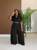 Purpdrank  Elegant Fashion Vacation Casual Outfits Women Two Piece Set Turn-down Collar Crop Top and Wide Leg Pants Matching Sets Birthday